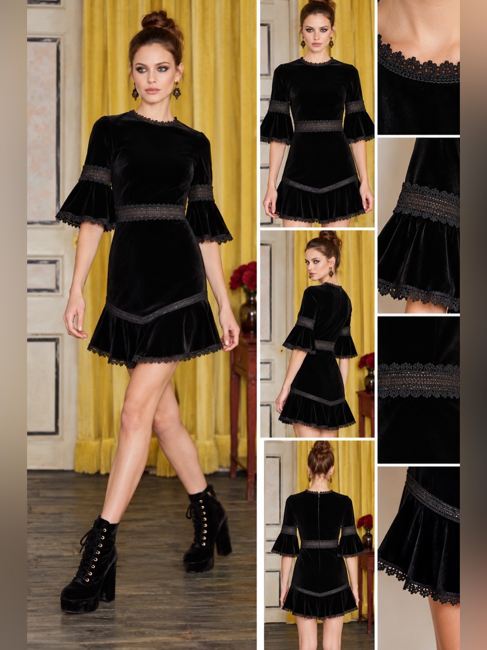 Alice + Olivia Doloris Black Velvet Lace Trim Fluted Mini Dress Size 6